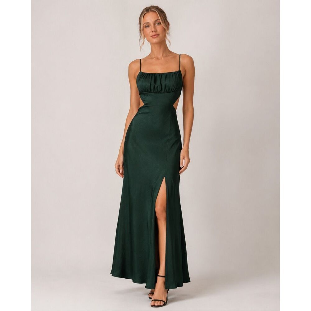 Hello Molly Size 2 Emerald Green Maxi Dress Cut out Waist Open Back #784